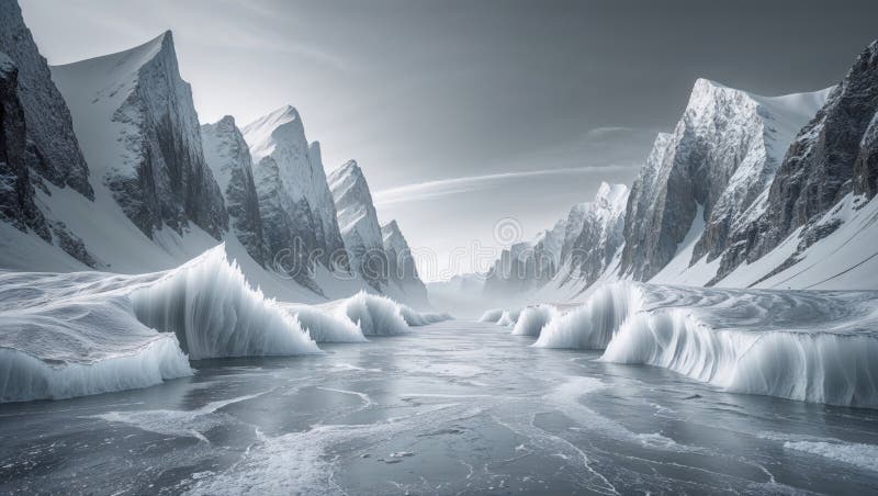 A frozen scene across a silver sea, where waves crash into frozen mountain peaks royalty free stock photos