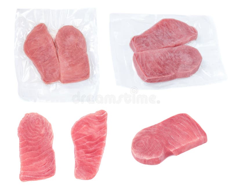 Frozen Tuna fish steak in a vacuum plastic package isolated on white background stock photo Frozen Tuna fish steak in a vacuum plastic package isolated on white background stock photo