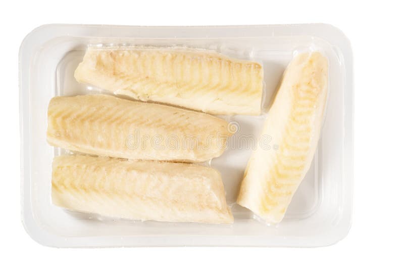 Frozen Vacuum Packed Cod Fish Loins or Fillets in Plastic, Isolated on