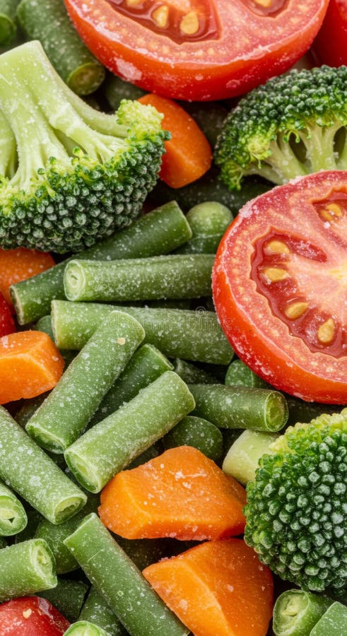 Frozen Vegetable Mix Closeup: Green Beans, Broccoli, Carrots and Tomatoes royalty free illustration