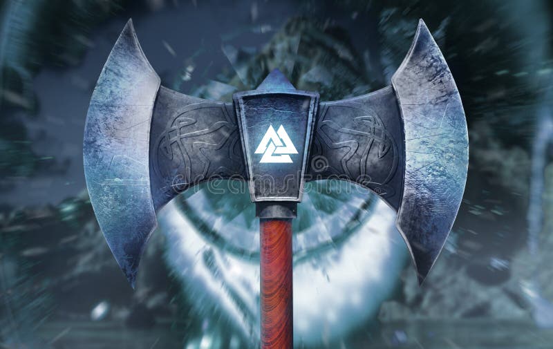 3d render illustration of frozen viking axe with glowing Valknut symbol front view. 3d render illustration of frozen viking axe with glowing Valknut symbol front view