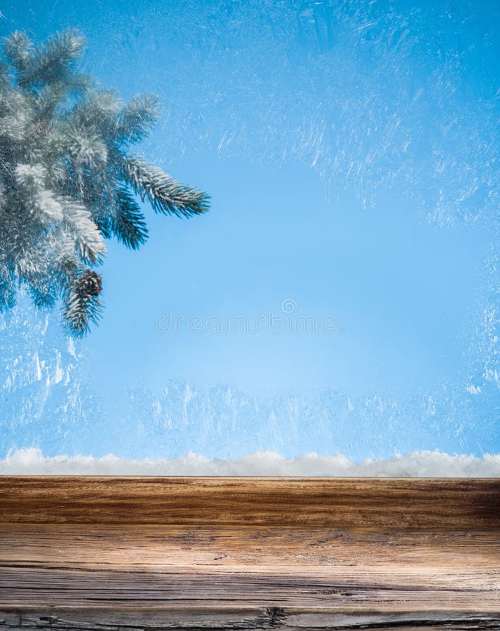 Frozen Window and Christmas Tree. Stock Photo Image of iced, wooden