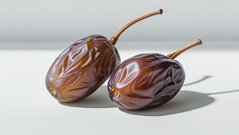 Frucht mit üppigem Datum, die in generativer KI auf transparentem Hintergrund ausgeschrieben wurde. Zwei realistische Datumsfrüchte mit Stielen werden vor einem schlichten Hintergrund dargestellt. Die Datteln sind braun, glänzend und beleuchten ihre natürlichen Falten und ihre glatte Oberfläche. Darunter gegossene Schatten deuten auf eine Lichtquelle hin, die ihr dreidimensionales Aussehen verbessert. Der einfache Hintergrund betont die Details der Früchte.
