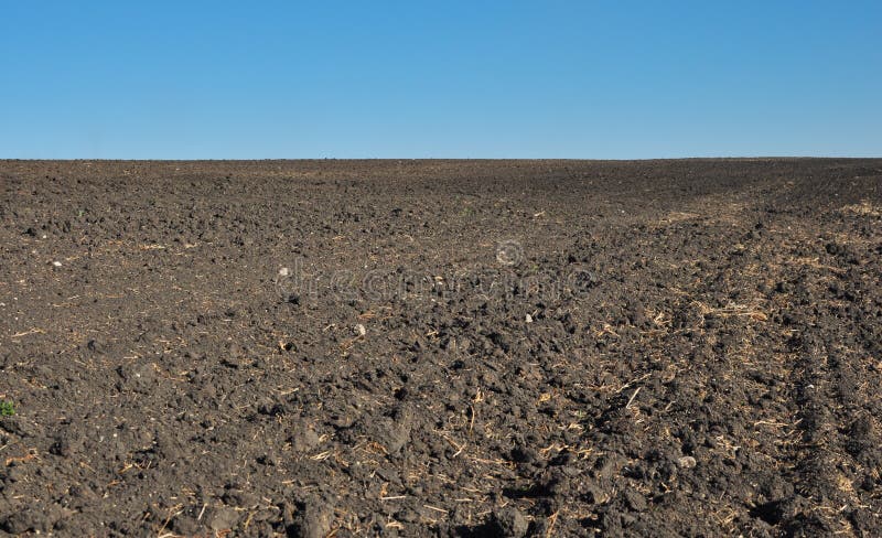 Fertile, plowed soil of an agricultural field against blue sky. Fertile, plowed soil of an agricultural field against blue sky