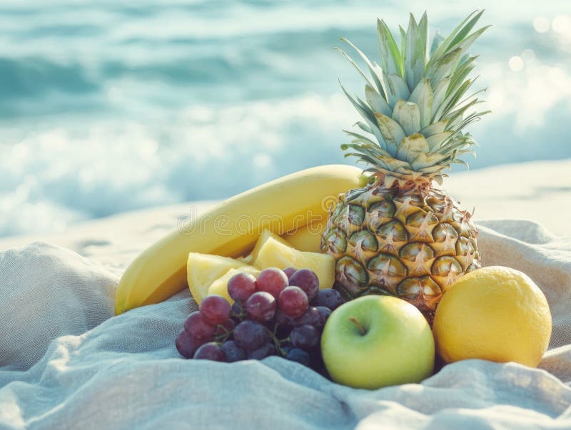 Lebhafter und erfrischender Fruchtsalat am Strand, der sich ideal für einen gesunden Imbiss im Sommer oder im Urlaub eignet. Umfasst Bananen aus Äpfeln und Ananas. AI generiert