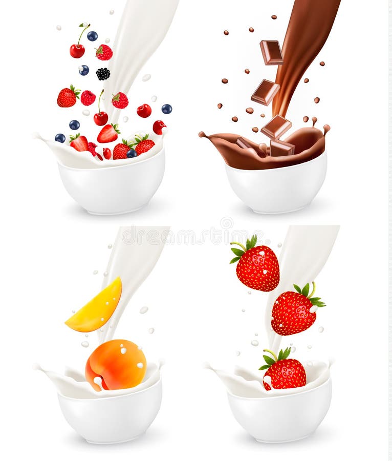 Fructe proaspete colorate care cad în splash lăptos royalty free illustration