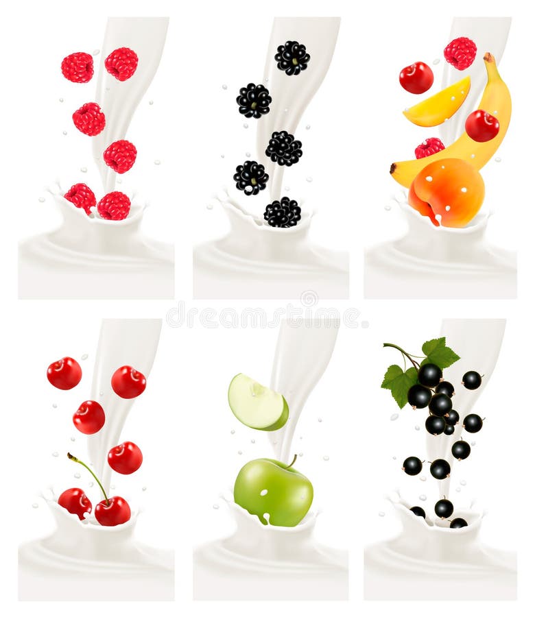 Fructe proaspete colorate care se varsă în splash lăptos. vector illustration