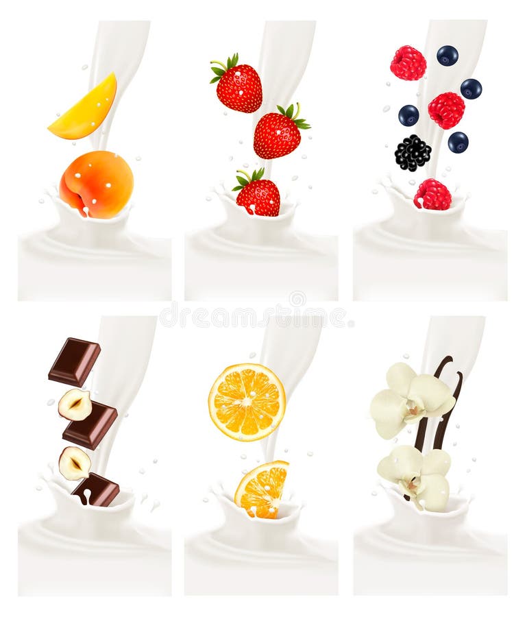 Fructe proaspete colorate care se varsă în splash lăptos. stock illustration