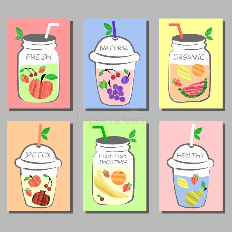 Fructe proaspete smoothx cărți colorate în apă detoxică cu fructe diferite. royalty free illustration