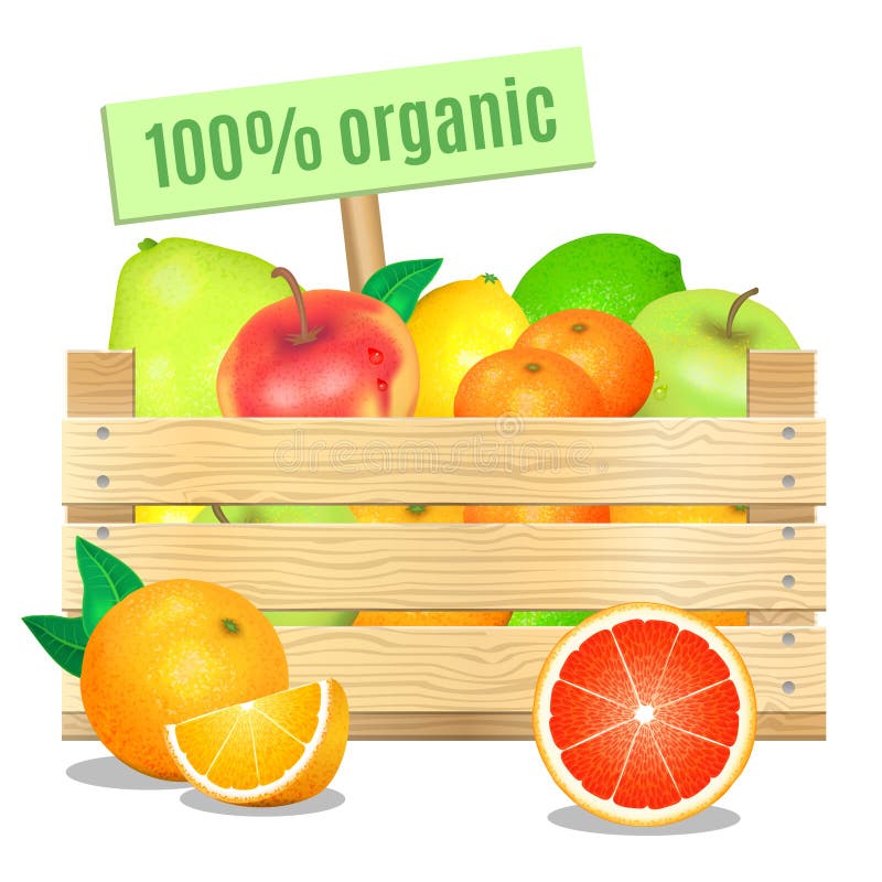 Fructe proaspete într-o cutie de lemn pe fond alb. pictogramă vectorială. vector illustration