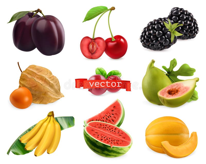Fructe proaspete și bace. physalis plum cherry blackberry figs banane pepene pepene pepene pepene pepene 3d set vector realist stock illustration
