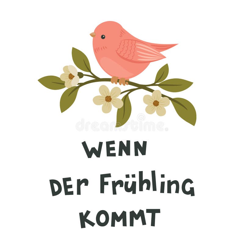 Fruhling kommt german letter med fågel och vårblomma.