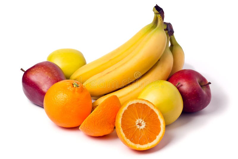 Colorful oranges, apples and banana on white background. Colorful oranges, apples and banana on white background