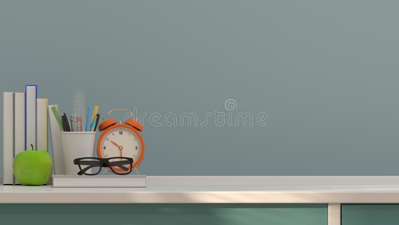 Fruit apple and pen and books table clock on the table colorful