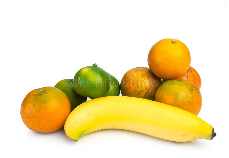 Fruit Banana , Orange , Lemon on White Background. Clipping Path Stock