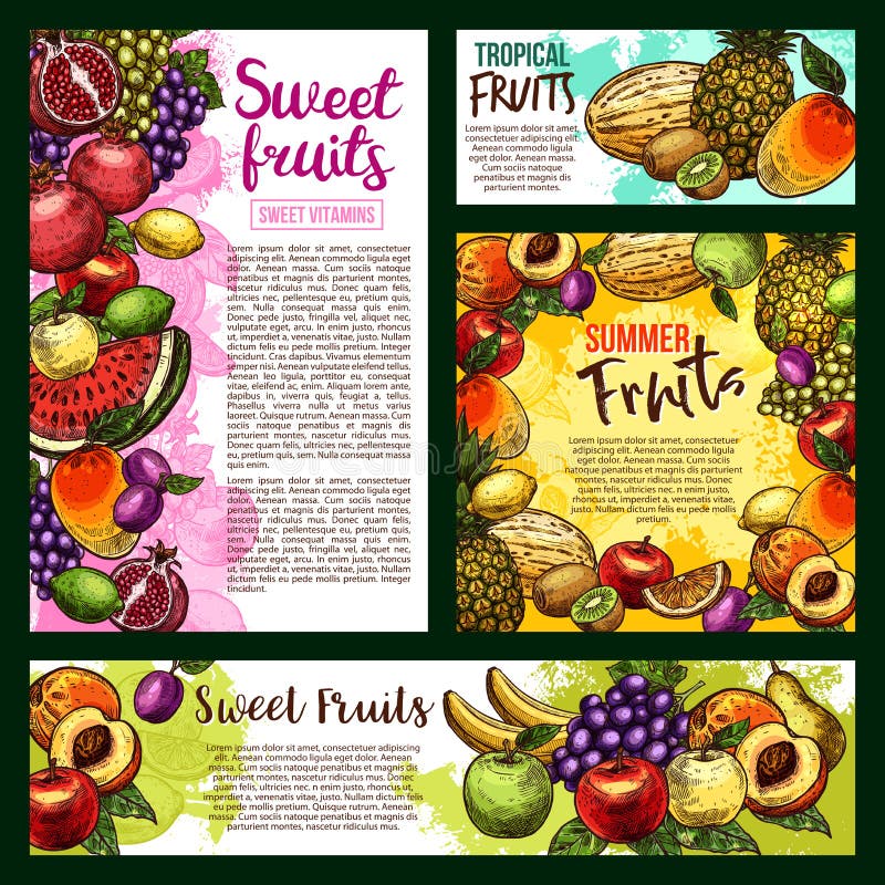 Garden and tropical ripe fruits banner