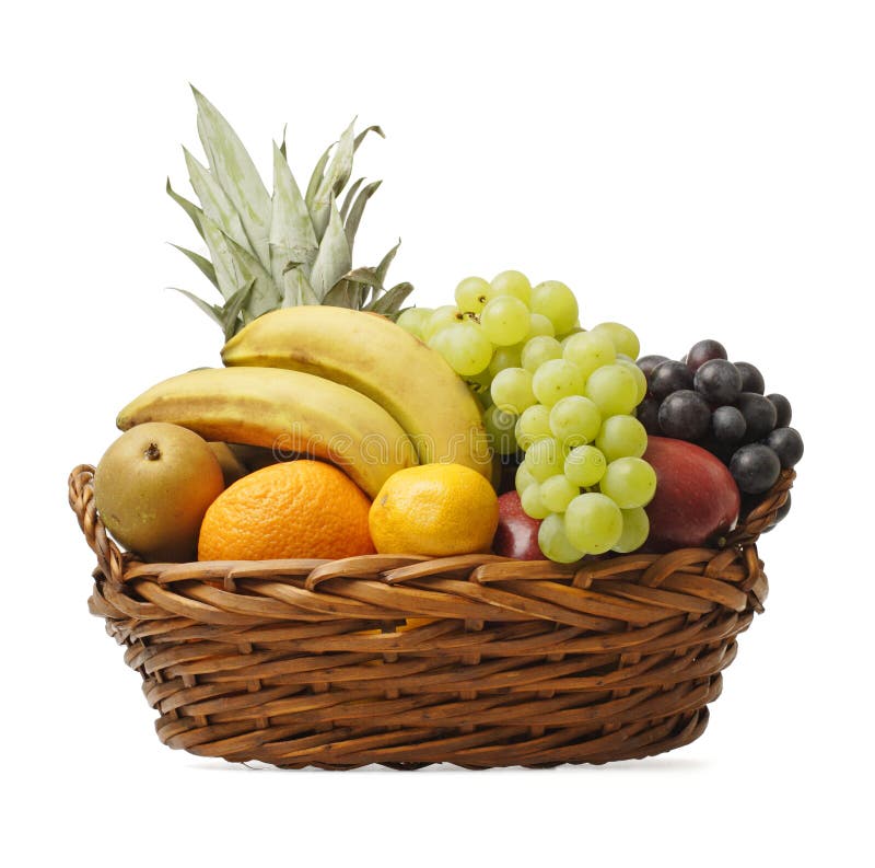 A Woven basket full of different fruit. A Woven basket full of different fruit.