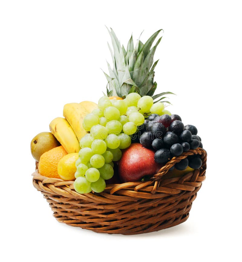 Fruit basket with mixed fruit on white background