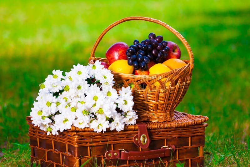Fruit basket and flowers royalty free stock photo Fruit basket and flowers royalty free stock photo