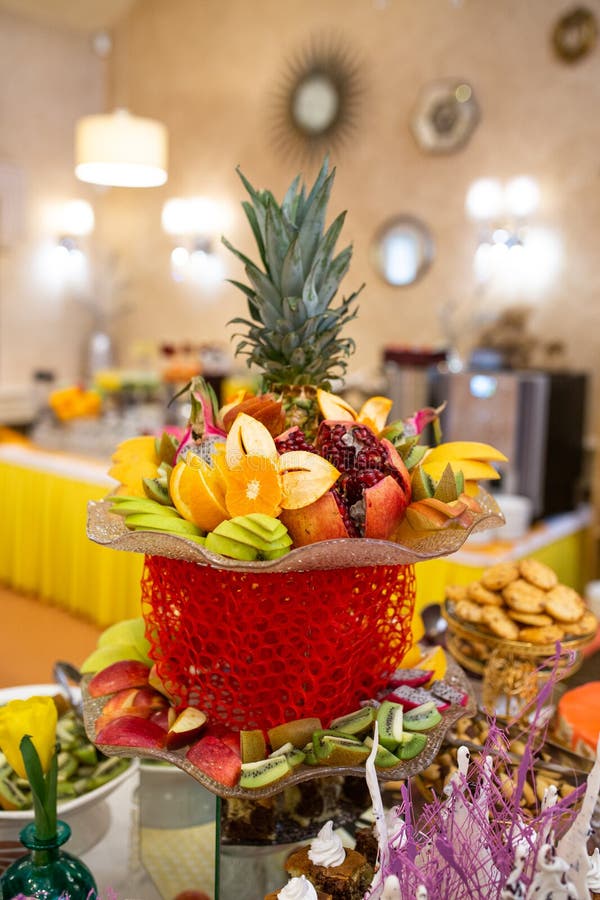 Fruit Basket on the Table in the Restaurant Establishment Stock Photo