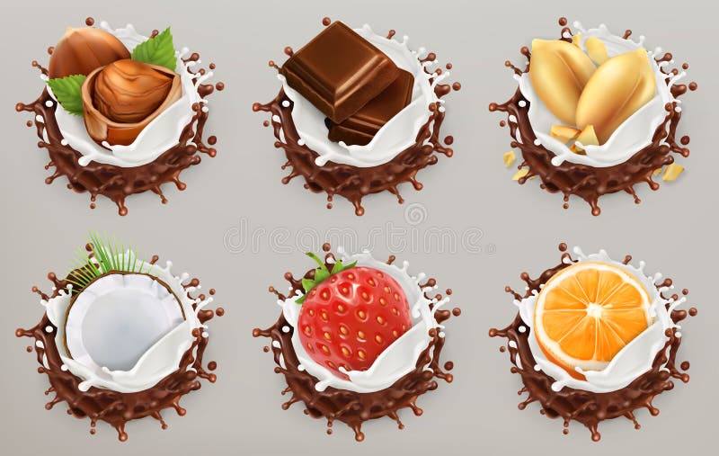 Fruit, berries and nuts. Milk and chocolate splashes, ice cream. vector icon set royalty free illustration Fruit, berries and nuts. Milk and chocolate splashes, ice cream. vector icon set royalty free illustration