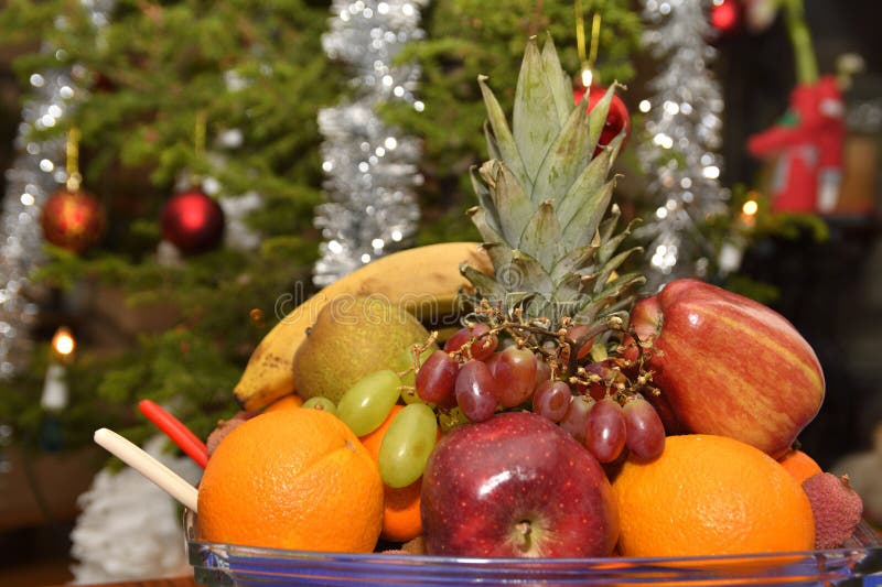 Fruit Bowl with Christmas Tree in Background Stock Image Image of