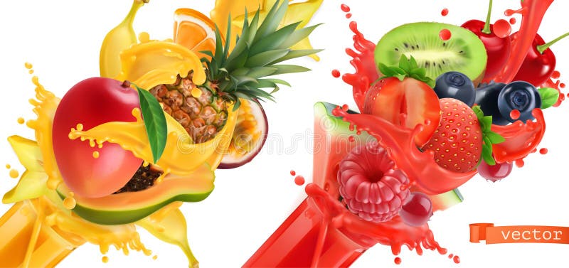 Fruit burst. Splash of juice. 3d vector icon set royalty free illustration