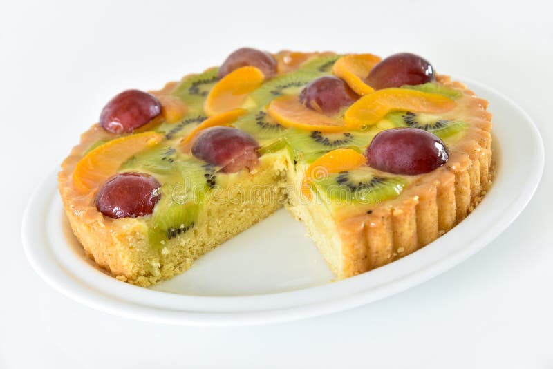 Fruit tart cake on a plate, white background. Fruit tart cake on a plate, white background