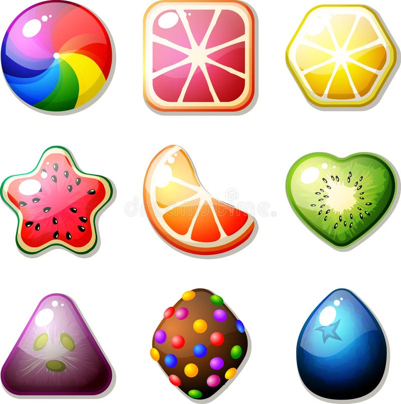 Set of fruit candies for match 3 puzzle game Features: - fruit design - 9 shapes (round, square, hexagon, star, segment, heart, triangle, diamond, drop) - vector EPS - fully editable - RGB