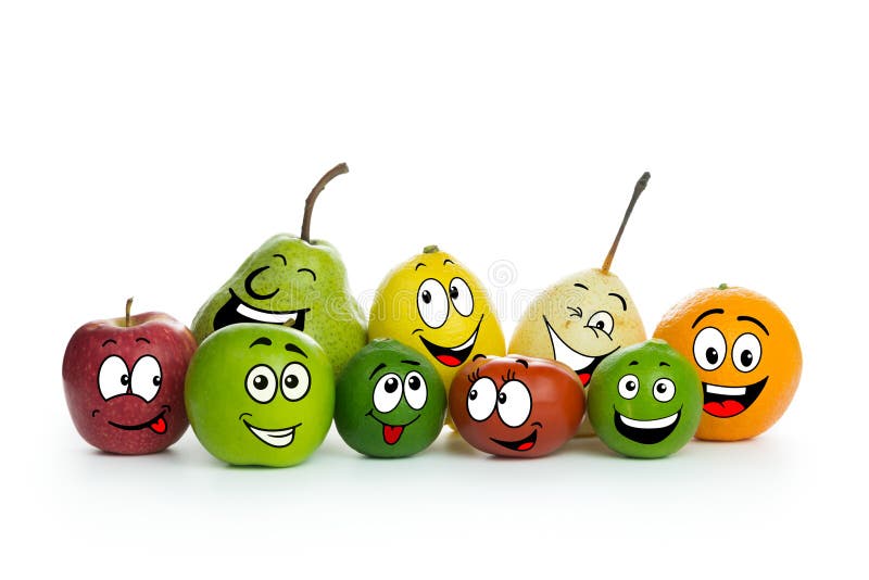 Various fruit cartoon characters on white background