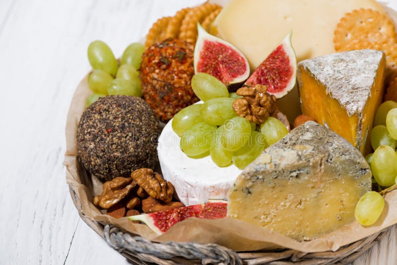 Fruit and Cheese Basket, Closeup Stock Photo Image of figs, menu