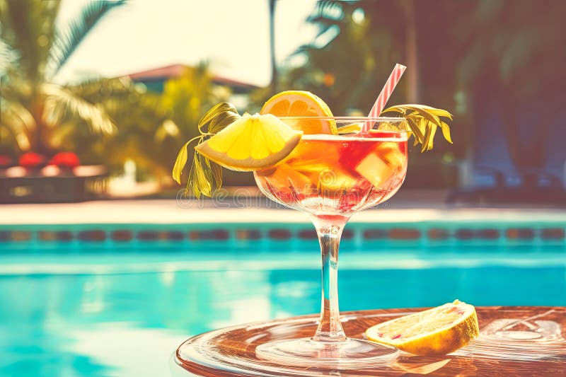 Fruit Cocktail Glass at Pool Vintage Filter Effect Stock Photo