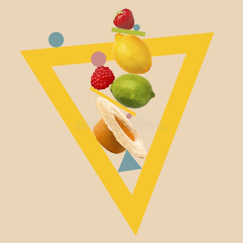 Fruit composition. Juicy citrus and berries in triangle frame over pastel background.