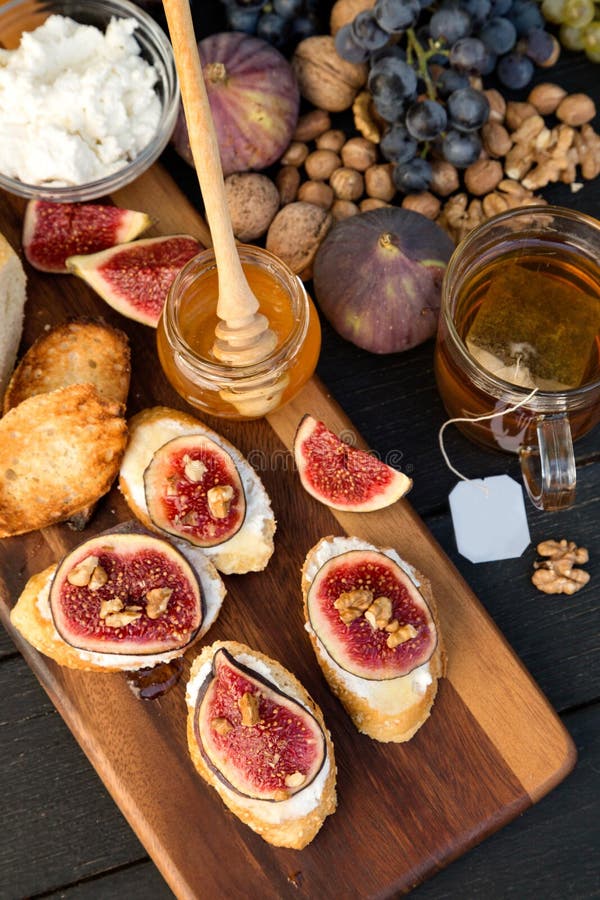 Fresh Figs with Cream, Honey and Walnuts Stock Image Image of purple