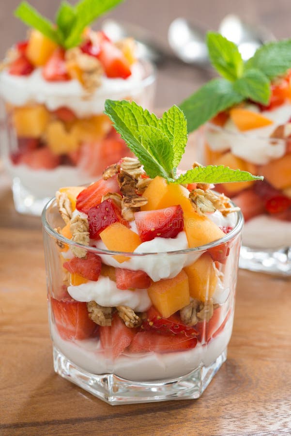Fruit Dessert with Whipped Cream, Mint and Granola, Top View Stock Image Image of health