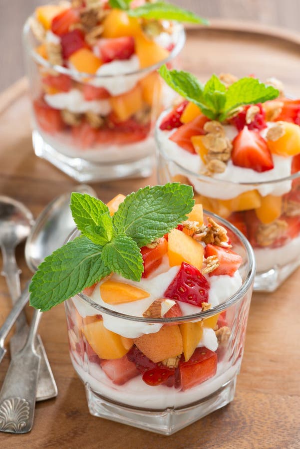 Fruit Dessert with Whipped Cream, Mint and Granola, Top View Stock