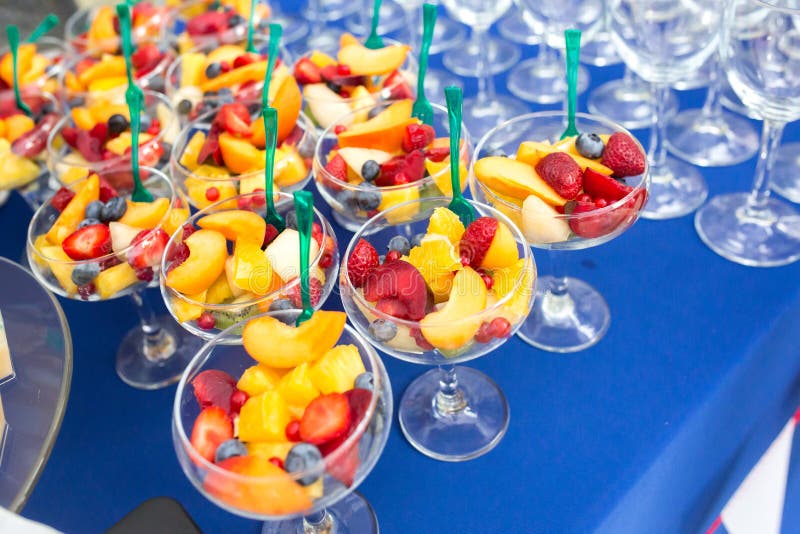 Fruit Desserts on the Table for a Festive Event or Dinner Stock Photo