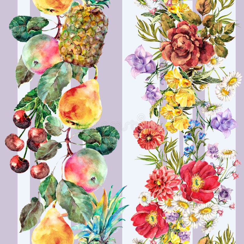 Fruit exotique d'aquarelle sur le fond de rayure Configuration sans joint illustration stock Fruit exotique d'aquarelle sur le fond de rayure Configuration sans joint illustration stock