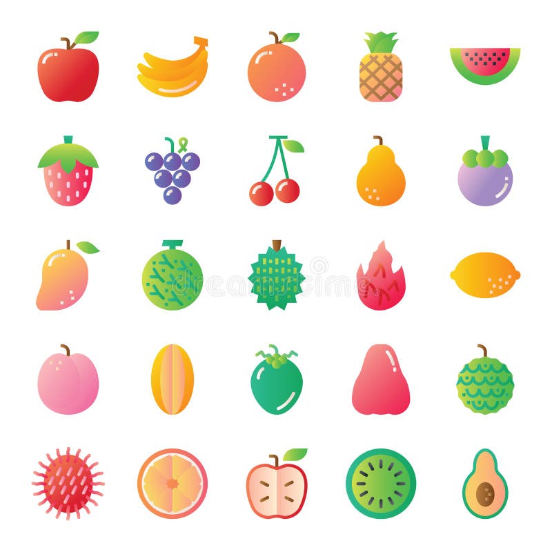 Pixel exotic fruits. Cartoon stylized fruit icons for 2D game, 8