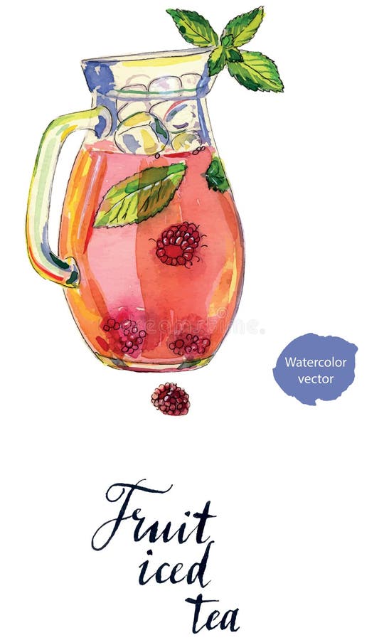 Fruit iced tea with raspberries, peppermint and ice in pitcher, hand drawn - watercolor vector Illustration. Fruit iced tea with raspberries, peppermint and ice in pitcher, hand drawn - watercolor vector Illustration