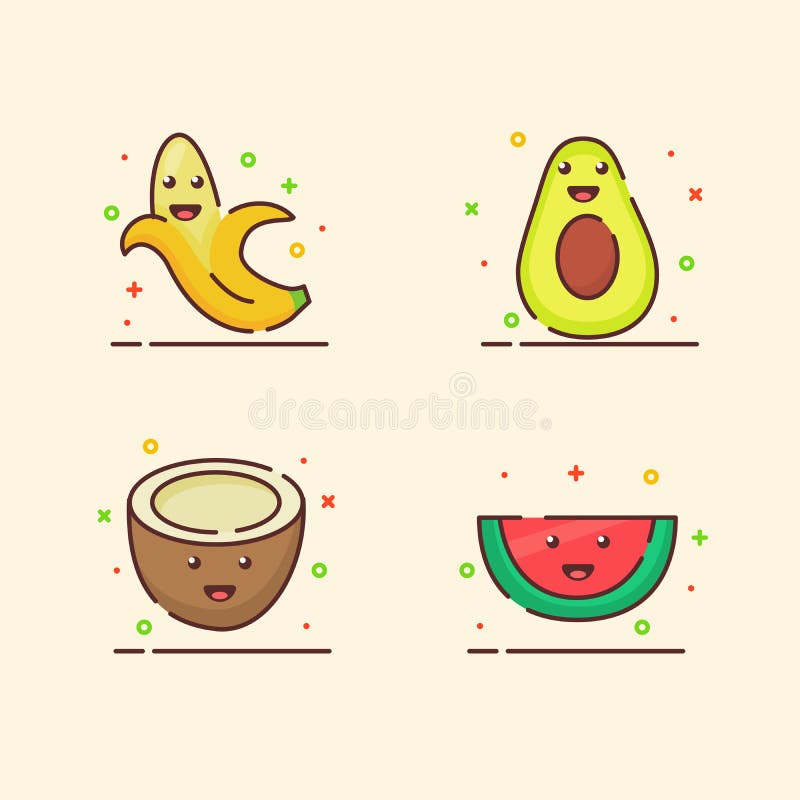 Fruit Icons Set Collection Banana Avocado Coconut Water Melon Cute Mascot  Face Emotion Happy Fruit with Color Flat Stock Vector - Illustration of  freshness, face: 200672870