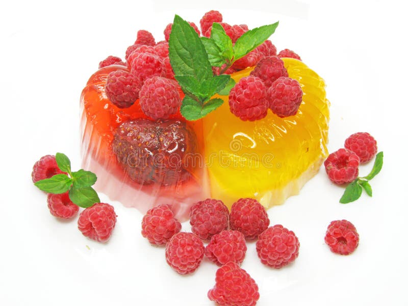 Fruit jelly dessert with fresh raspberry