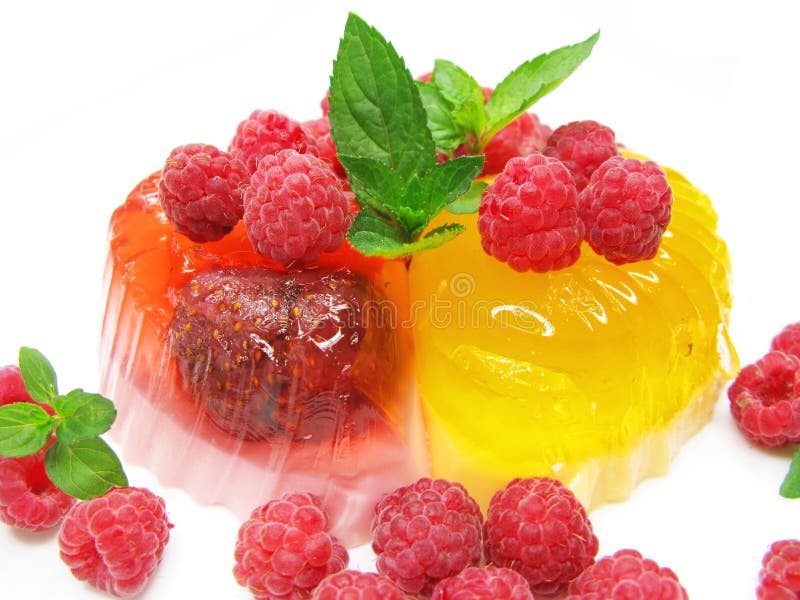 Fruit jelly dessert with fresh raspberry berries