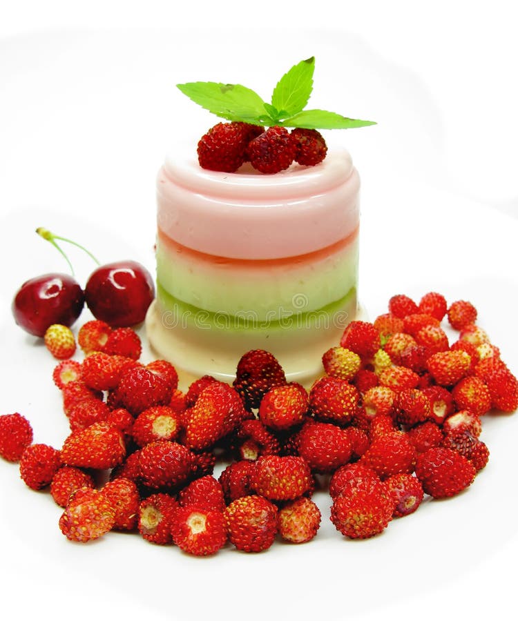Fruit Jelly Dessert with Wild Strawberry and Cherry Stock Photo Image