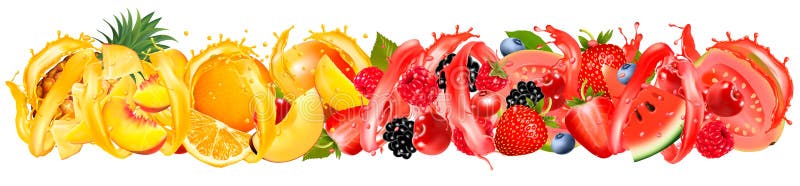 Fruit in juice splash panorama.