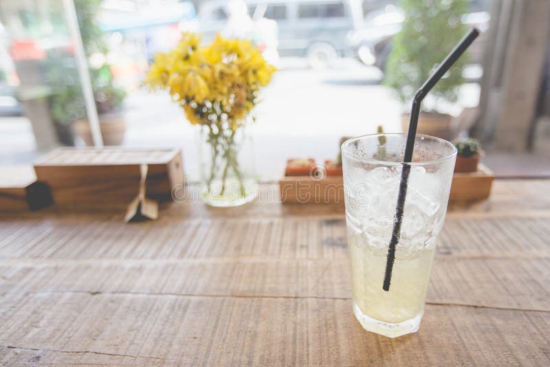 Fruit Juice on a Wood Table in Coffee Shop Stock Image Image of lemon