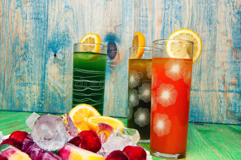 Fruit Juices and Ice Cream Concept on Abstract Background Stock Image