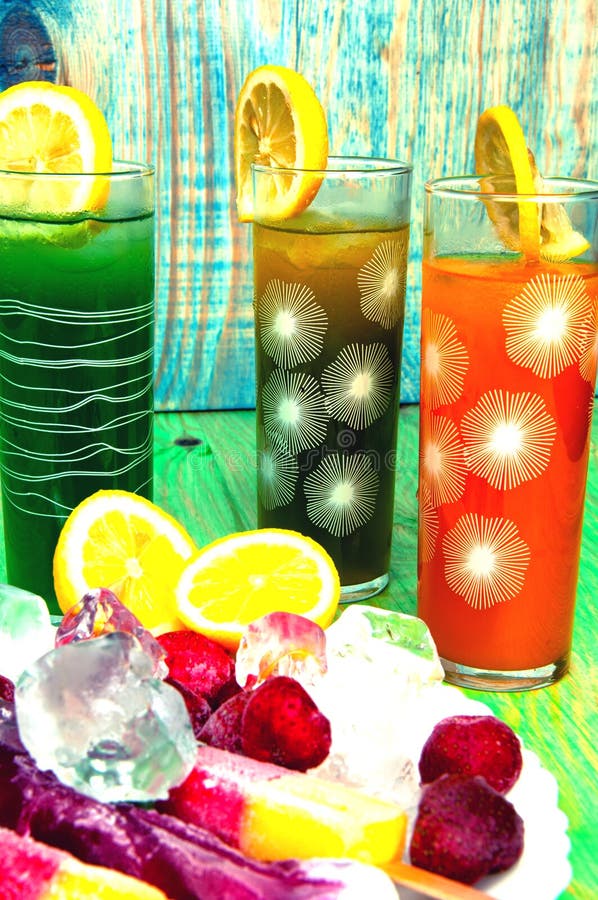 Fruit Juices and Ice Cream Concept on Abstract Background Stock Image