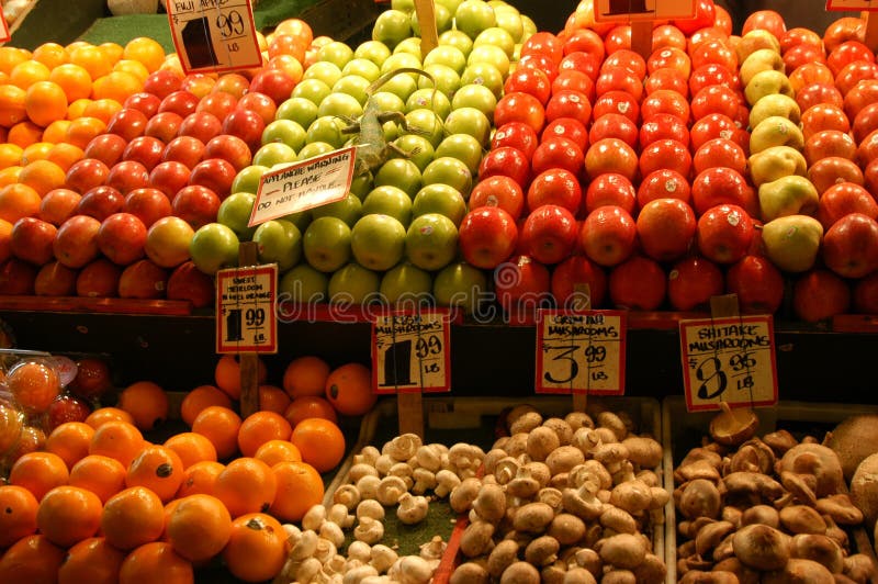 Fruit market with oranges, apples, pears, mushrooms and produce. Fruit market with oranges, apples, pears, mushrooms and produce