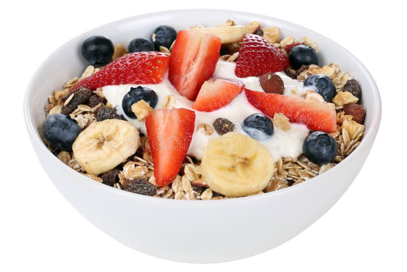 Fruit muesli for breakfast in bowl with fruits like banana and s